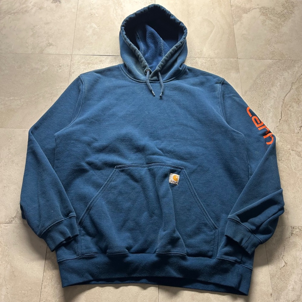 Carhartt Midweight Sleeve Logo Hoodie Blue Mens Size Medium Workwear Sweatshirt